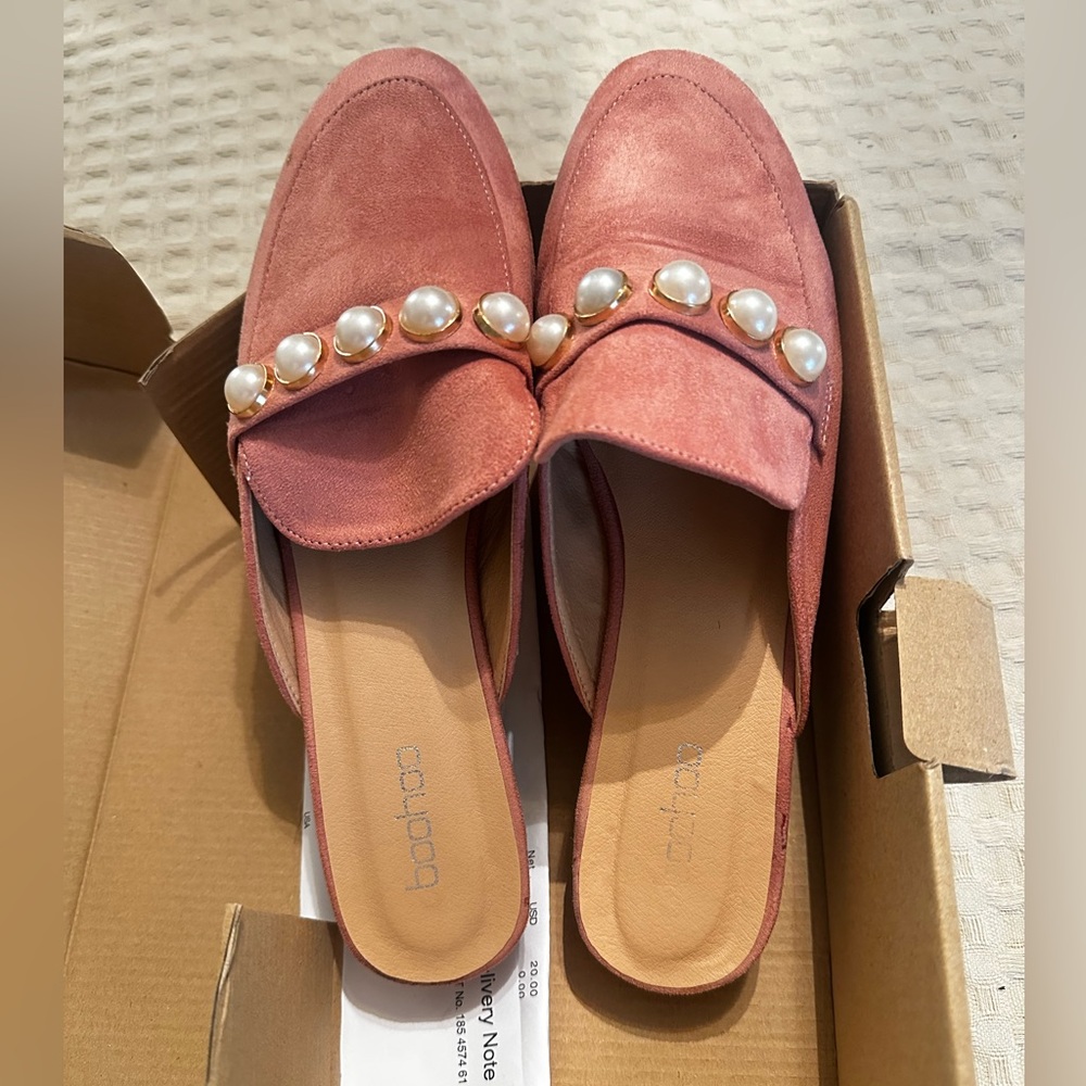 Pearl strap loafer mule, blush, pink, size 10
